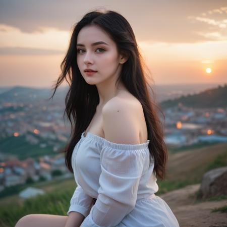 in a romantic scene,
from behind, a girl with a beautiful face, perfect eyes, long black hair, pale skin,
off shoulders, chest, shirt, looking at the viewer, mysterious (smile:0.5),
sitting on the hill, at the landscape and city light, sunset, cloud, sky, wind,


bokeh, dramatic, high-resolution, fine detail, appropriate details, 4k,