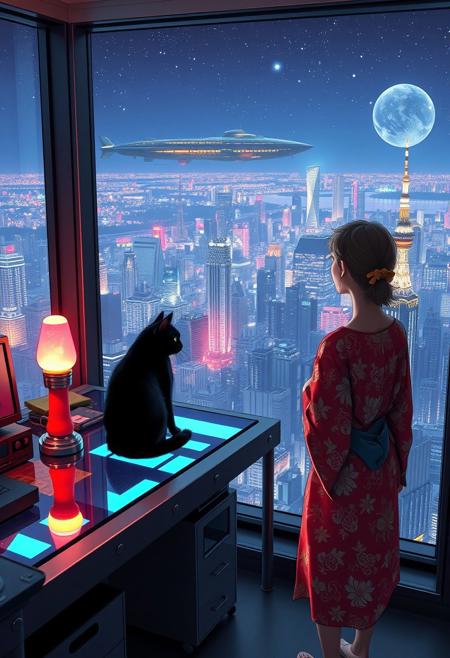 Jiji, the cat from Kiki's Delivery Service sits on a cluttered metal riveted desk with transparent top and rgb led computer components visible inside, On the desk are a maneki neko statue and a lava lamp, Jiji the Black Cat is looking out of a seamless and futuristic floor to ceiling window that looks out at a very high view from an apartment on the 400th floor of a futuristic Tokyo skyscraper, the year is 2250, The city has thousands of enormous wide and tall futuristic skyscrapers and space ships covered with lights in the sky, (((Kiki from Kiki's Delivery Service, 24 years old, is standing next to the cat looking out at the enormous city at night, filled with buildings of many shapes and sizes, some over a mile tall))), Kiki is dressed in an ornate Japanese style bath robe. An enormous deco starship with futuristic lighting and design is visible high above the city, and a space station is visible in the background among the stars, The woman's hair is messy from just waking up and tied up with a ribbon. Artistic cyberpunk, dynamic perspective, The focus is on Jiji and Kiki standing together looking out the window at the view together, (((overall architectural aesthetic is Art Deco Cyberpunk))).  Mt Fuji can be seen in the far distance,