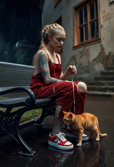 A  photograph of a goth supermodel in heavily worn red corduroy dungarees, sneakers, ripped fishnet stockings, tattoos, tattoo sleeve, braided blonde ponytail, in heavy rain with visible raindrops on her skin, sitting on a Perforated  metal bench next to a crumbling old building at night, soaking wet, wet hair, smoking, with reflections of the wet ground stroking a stray ginger cat with matted fur