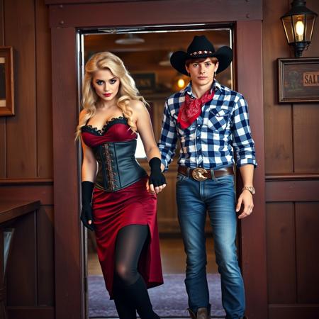 2beautiful women, woman1, 35yo blonde, dressed as a prostitute in 1890 American west, Western Authentic Brothel Babe Costume, Burgundy, with Dress and Corset, black elbow gloves, black ribbed thighhighs, black calf boots, pile high hairdo, makeup, sexy, seductive, inviting. woman2, beautiful, 18yo, dressed as a cowboy, short auburn hair, black cowboy hat, red bandana, blue and white checked shirt, Levis, cowboy boots. woman1 is leading woman2 by hand into a doorway inside a saloon,