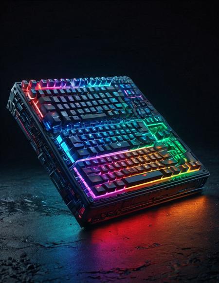 rgb keyboard, futuristic design, translucent materials, glowing circuitry, abstract background, energy particles, sci-fi aesthetic, volumetric lighting, detailed surface, smooth gradients <lora:RGB_Keyboard_themed:1>
