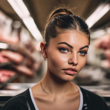 <lora:thylane_blondeau_xl_lora :1> thylane blondeau a beautiful woman, 26 years old, with a crew cut hairstyle with black fade hair and bangs!!!!!!, in a Paris butcher shop, surrounded by hanging meat, (high detailed skin:1), 8k uhd, dslr, soft lighting, high quality, film grain, Fujifilm XT3