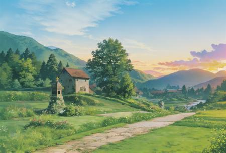 (((best quality))),High saturation,clear,rational construction,cartoon style,architecture, bridge, building,castle, chimney, cloud, cloudy_sky, day,  fantasy, gate, grass, house, mountain, no_humans, outdoors, river, scenery, sky, sunset,, tree, window ,<lora:Pyramid lora_Ghibli:0.8>