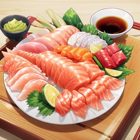 A colorful cartoon-style illustration of a sashimi platter, featuring an array of thinly sliced, vibrant raw fish pieces artistically arranged. The sashimi includes salmon with its signature orange hue, glistening white tuna, and bright red tuna pieces, all laid out on a traditional wooden serving board. Accompanying the sashimi are small mounds of wasabi and pickled ginger, along with a shallow dish of soy sauce. The cartoon style emphasizes bold, playful lines and exaggerated shapes to make the dish appear appetizing and cheerful,  <lora:Shokugeki_food:0.75>