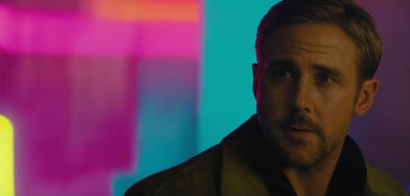 movie still from Blade Runner 2049 . medium close-up portrait of Ryan Gosling in Blade Runner 2049, indoors