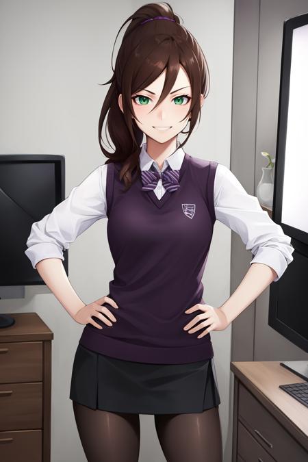 masterpiece, best quality, erin stout, brown hair, green eyes, ponytail, purple sweater vest, white shirt, rolled up sleeves, black skirt, black pantyhose, standing, hands to hips, contrapposto, looking at viewer, smirk, bedroom, computer, monitor <lora:erinstout-nvwls-v1:0.9>