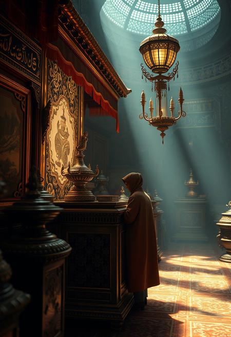source_photo, photorealistic, masterpiece, 4k, ray tracing, intricate details, highly-detailed, hyper-realistic, 8k RAW, cinematic light, dramatic light, shallow depth of field,  high budget, bokeh, cinemascope, best view, best angle, XIXth century, Baudelaire, orientalist, collector, surrealist poetry, "Quand il jette en dansant son bruit vif et moqueur,
Ce monde rayonnant de métal et de pierre
Me ravit en extase, et j'aime à la fureur
Les choses où le son se mêle à la lumière."