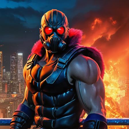 manga style art of  <lora:Original video animation style:0.8>
An animated photo of a bane man in a neon vest standing on a ledge,solo,red eyes,1boy,male focus,mask,muscular,night,glowing,fire,building,veins,city,cityscape,gas mask , anime, animated look, animated face, animated eyes, animated legs, animated hands, animated fingers, animated toes, animated lips, animated teeth, animated eyebrows, animated body, animated background, world of animation, manga style, animation, cartoon, colorful, different color, cinematic, cartoon film, film animation, different anime characters, detailed animated background, detailed animated environment, animated, hdr animation, animated photo, 2d animation, comic book animation, detailed animation, animated graphic novel, animated movie style, ova style, animation studio style, Original video animation style, vibrant, high-energy, detailed, iconic, Japanese comic style, manga