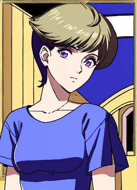 FE16,Fire Emblem Three Houses,FE16-Style, 1girl,ligne claire,pc-98,very short hair,blonde hair,pixie cut,purple eyes,(small breasts),green t-shirt,<lyco:FE16-Style LoCon v2:0.7>