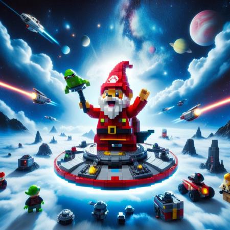 Whimsical Cartoon into Real Photo Backgrounds, Pixel Art, PixArFK, made of legos, 
score_9, score_8_up, score_7_up, score_6_up, score_5_up, score_4_up, masterpiece best quality, excellent countershading, detailed lighting, depth of field, dynamic angle, close up, oil painting BREAK a whimsical gnome riding a Shiba Inu flying saucer with its mouth open charging a laser beam, funny, realistic, photograph, shiny, rabbit, bear, frog, BREAK star cluster,space stars,clouds,stars,nebula,space art, deep space, cyberpunk space station, sci-fi space station, outer space, stars, planets, nebula, galaxies, the Milky Way, space station, massive space station, space shuttle, PixArFK