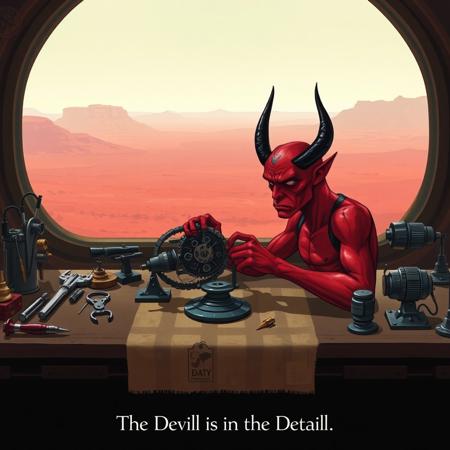 a red skinned demon with two small black curved horns, has a look of intense concentration on his face, as he sits at his workbench making a fine adjustment to the delicate mechanism in his hands. To one side of his bench his precision tools are neatly sorted and on the other several mysterious mechanical  devices are set out, in the background a large window looks out over a barren red desert and low hills. At the bottom a line of text "The Devil is in the Detail"