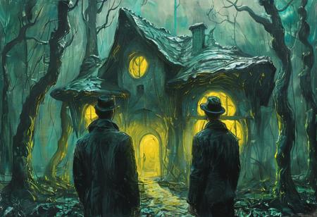 Realistic Expressionism. 
Bioluminescent digital art. Medium shot. A Smurf mushroom house in an enchanted forest with a smoke-made Batman in the foreground. Atmospheric perspective. Ethereal, glowing fungi. Muted, emerald green color scheme with radiant, hyperluminescent blues and purples. Intricate, detailed textures. 8k resolution. Masterpiece. H.R. Giger, surrealism, eerie atmosphere, neon-like lighting, futuristic, dark fantasy, eerie forest, mystical, dreamlike, uhd cinematic, style of Billy Childish