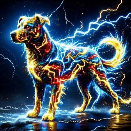 made of golden and blue and red and yellow and purple lightning thunder trails, lthndrtrl, A heroic canine figure, clad in a dynamic superhero suit that crackles with raw, visible thunder energy. The suit might feature bolts of lightning as accents, glow with an electric blue or white light, and even seem to hum with power. The dog's expression should convey determination and bravery, ready to unleash the power of the storm., surreal and intense, Masterpiece level quality, soft lighting, bright lighting, sharp focus, fine details, high quality, precise, high resolution, 4k, 8k,
