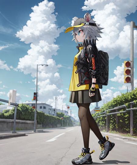 masterpiece, best quality, <lora:ClickV1:0.7>, click \(arknights\), 1girl, solo, mouse girl, mouse ears, animal ears, short hair, grey hair, hair between eyes, blue eyes, black baseball cap, ears through headwear, yellow shirt, black jacket, black skirt, open jacket, grey pantyhose, black fingerless gloves, from side, looking away, walking, full body, street, clouds, sky