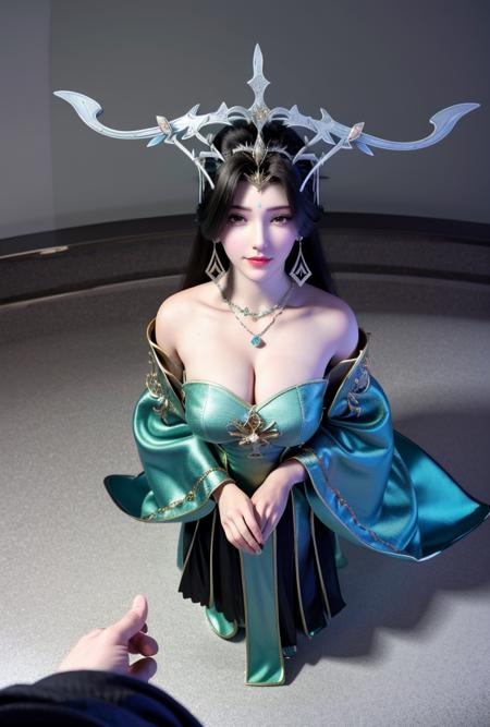 <lora:liushen3:0.85>(liushen)
 1girl, magic, long hair, solo, blue fire, fire, dress, full body, lightning, wide sleeves, spirit, black hair, (chinese traditional style), chinese clothes, (hair ornament), glowing, (hitodama), energy, barefoot, horns, green hair, breasts, floating, green dress, green magic, green light,looking at viewer,close up,
(8k,4k),ultrares,(highres:1.6),(masterpiece, top quality, best quality),extreme detailed,(colorful:1.4),highest detailed,ultra-detailed,(highly detailed CG illustration),ultra-fine painting,(Vivid Colors:1.1):1.4, 1girl, solo, looking at viewer,(masterpiece), (best quality), (ultra detailed),(highres), absurdres, (ultra realistic 4k CG), delicate pattern, intricate detail,best illumination,best shadow,natural lighting, 1girl, solo,necklace,earings,jewelry, ((black hair:1.2)), solo, earrings, long hair, necklace,smile, floating hair, (Japanese style architectures:1.2 at the downside),outdoors, Area occupied by the girl is less than 1/2 of the total area, (floating in the sky),long legs,(large breasts),cleavage,upper body,
(pov:1.85),
show legs,
<lora:more_details:0.5> <lora:epi_noiseoffset2:1>