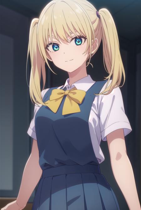 rikahoshizaki, <lora:rika hoshizaki s2-lora-nochekaiser:1>,
rika hoshizaki, (green eyes:1.3), blonde hair, twintails, smile,
BREAK skirt, shirt, bow, school uniform, white shirt, short sleeves, pleated skirt, bowtie, blue skirt,
BREAK indoors, classroom,
BREAK looking at viewer, (cowboy shot:1.5),
BREAK <lyco:GoodHands-beta2:1>, (masterpiece:1.2), best quality, high resolution, unity 8k wallpaper, (illustration:0.8), (beautiful detailed eyes:1.6), extremely detailed face, perfect lighting, extremely detailed CG, (perfect hands, perfect anatomy),