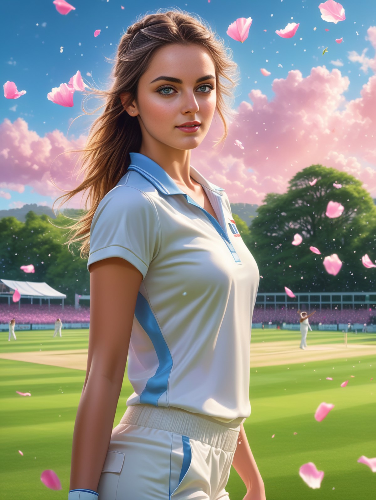 Hyperrealistic art  135mm closeup portrait of beautiful woman who plays cricket in a sunny day in Endimburgh castle yard o...