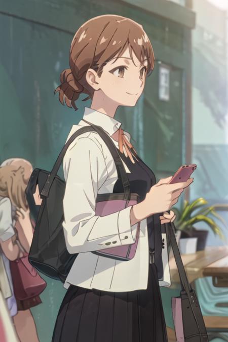 best quality, masterpiece, highres, solo, {hagozaki_riko_yagatekimininaru:1.15}, brown_hair, brown_eyes, short_hair, smile, 1girl, cellphone, holding, phone, shirt, bangs, closed_mouth, holding_phone, upper_body, raglan_sleeves, smartphone