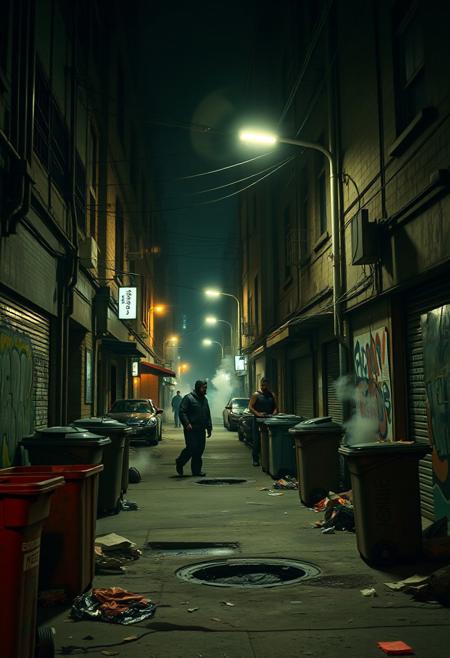 Urban street scene at night, chaotic city energy, dim streetlights flickering, graffiti-covered walls, overflowing trash bins, broken concrete, smoke rising from manholes, abandoned buildings, gang members lurking in shadows, tense atmosphere, danger in the air, inner-city ghetto vibes, raw and gritty, dirty back alleys, torn posters, street tags, crime-ridden environment, hostile energy, realistic cinematic lighting, hood culture, enemy territory