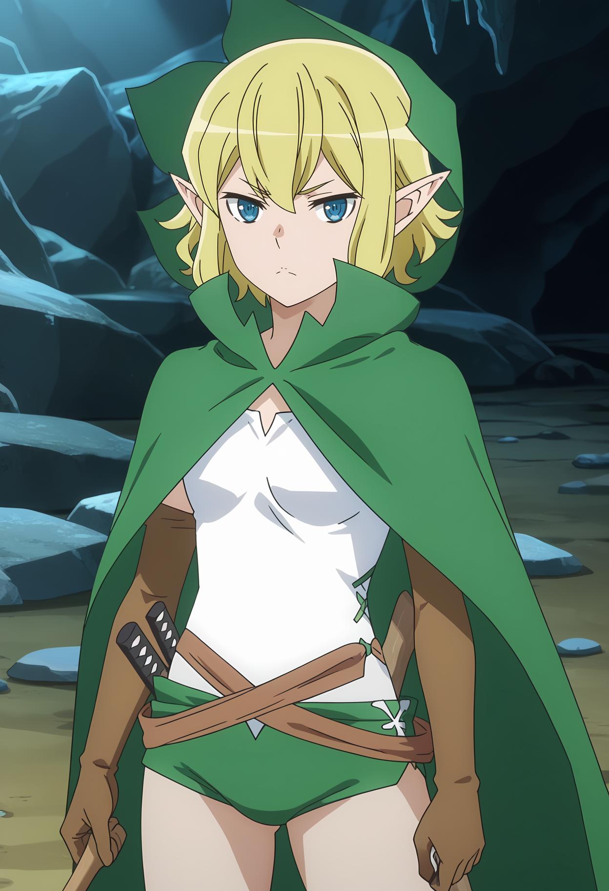 score_7_up, anime screencap,
<lora:DanMachi_RyuuLionXL:0.9>,
1girl, solo, closed mouth, serious,
short hair, blonde hair, green hair, blue eyes, pointy ears,
RyuuCape, hooded cloak, green cloak, white shirt, elbow gloves, brown gloves, buruma, green shorts,
wooden sword,
standing, looking at viewer,
dark, cave, dungeon