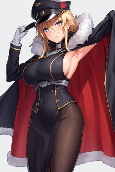 1girl, <lora:Bismarck:0.6>,millitary uniform,sideboob,armpits,breasts, cape, cloak, coat, fur_trim, hair_between_eyes, hat, jacket_on_shoulders, large_breasts, long_hair, looking_at_viewer, mole, open_coat, peaked_cap,