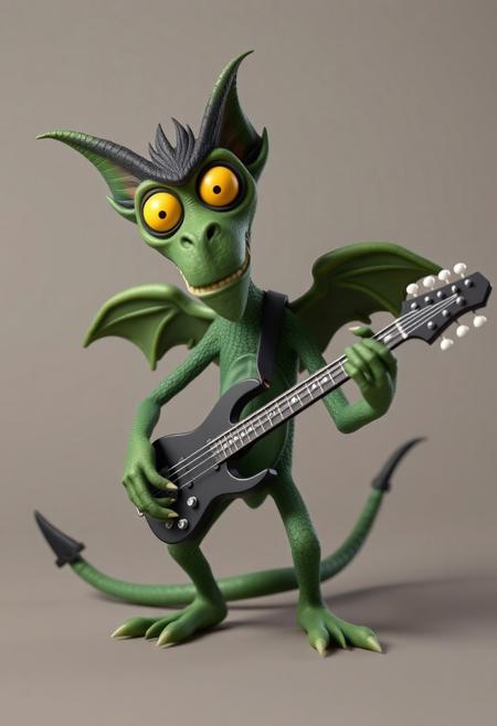 Clay Animation - a pixar style 3d animated green character called a jabberwock, angry, fierce, scary, big yellow eyes, wings, scales. long ears. long sharp teeth. at least ten feet tall with a simian like build, almost like a lemur. Its limbs are long and elongated and slender, 3 long fingers and claws. with a pointed end long tail ending, standing on two toes with a dewclaw/thumb. looking at camera over a simple background. playing electric guitar.