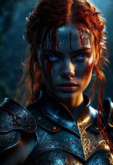 Ultra detailed digital art masterpiece Warrior girl dressed in a iron Armor, Standing on a battlefield at the head of an army of knights, where a bloody slaughter is taking place, standing in battle pose, a dark epic fantasy, perfect lighting, beautiful  Sadie Sink as Warrior girl, attractive woman, elegant, sinewy athletic body, unreal engine 5 nanite quality, mixed with dark elements, dark environment, very stormy night, clean dark velour witch clothing, LOTR style, dark washed out eyeliner, no make up, natural bloody face, realistic blue eyes, ultra detailed atmospheric details, beautiful glowing effects, sparkle effects, realistic body proportions, beautiful face proportions, complex masterpiece, wavy red hair, creative glowing detailed tattoos, complex physics, enhanced colors, complimentary colors, ultra detailed raytracing reflections, Ultra detailed complex background, environment feels alive, direct eye contact, dramatic lighting, wet and sweaty skin, beautiful firm Breasts, Concept art portrait by Greg Rutkowski, adding to the intense and dynamic atmosphere of the scene.