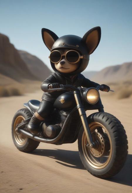 RetroBG, (black and gold:1.3), from side, closeup cute small black and gold big wheel motorcycle, chihuahua driving, wear round goggles, wear animal ears helmet, run through in mountain dirt road, Dust, from side, blue sky, cinematic, cinematic lighting, (masterpiece, best quality:1.4), ultra-high res, 4k, Photorealistic, insanely detailed, sfw,