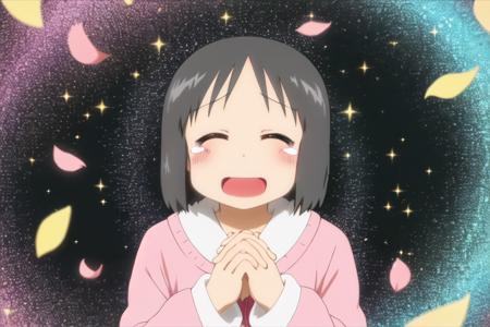 ncjstyle, shinonome nano, 1girl, black hair, solo, short hair, closed eyes, flower, open mouth, smile, nnkey, tears, blush, own hands together, sparkle, petals, :d, ^_^, happy, happy tears