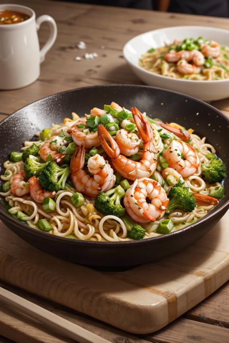 masterpiece, high quality, best quality, noodles with shrimp, deep plate, foodphoto, <lora:foodphoto:0.6>,