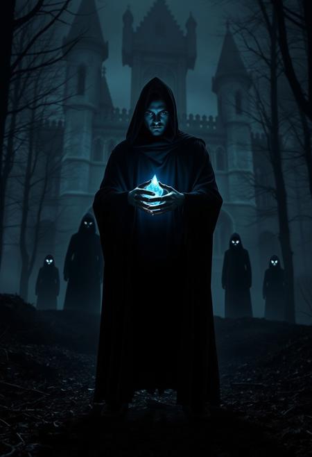 In a misty, dark forest at night, the silhouette of a massive, crumbling castle looms in the background. In the foreground stands a mysterious figure draped in a long black cloak, the hood shadowing their face. They hold a glowing amulet that emits a soft, blue light, illuminating their striking features. Eerie silhouettes with glowing eyes emerge from the darkness, watching intently. The ground is strewn with broken leaves and branches, and whispers echo in the air, creating a tense atmosphere. The scene is captured in stunning 4K HDR quality, with cinematic lighting that highlights the contrast between the blue glow of the amulet and the surrounding shadows. The use of chiaroscuro creates dramatic depth, enhancing the sense of impending danger and mystery.