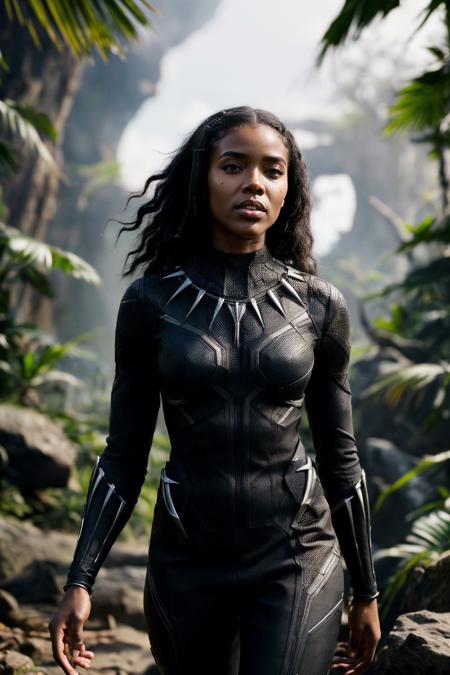 (black panther cinematic scene:1.2),Cinematic scene in a dark jungle, a black girl, An ebony girl, 22 years old, black detailed skin and face,(wavy black hair),  (wearing tight black panther costume, busty girl), detailed black panther outfit, carbon fiber, Porta 160 color, shot on ARRI ALEXA 65, bokeh, (well lit face),<lora:Colour Control Slider by Stable Yogi:2>, sharp focus on subject, highest details, photorealistic, high background details, action scene, explosions, reflection, godrays, 8k, raytracing,  <lora:breastsizeslideroffset:-0.38>, ((detailed dramatic background)),  <lora:anti_longtorso_v10:1> , (intense looking at viewer) , (well lit face),  <lora:add_detail:0.5> , particle effects, dust particles, ((dramatic scene))