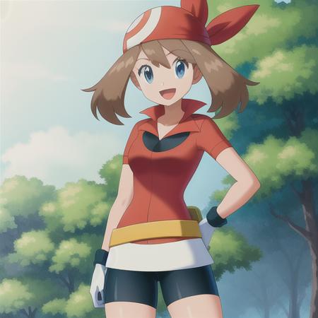 <lora:character_pokemon_may_v2:0.5> forest, 1girl, character_pokemon_may, solo, cowboy shot, standing, looking at viewer, smile, open mouth, hand on hip, hand on own thigh, bandana, shirt, skirt, bike shorts, gloves, fanny pack