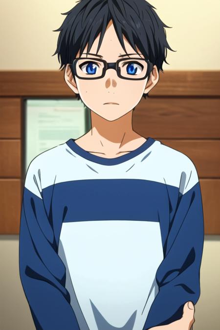 masterpiece, best quality, , 1boy, solo, male focus, looking at viewer, , depth of field, <lora:kousei_arima:0.72>, kousei_arima, black hair, glasses, blue eyes, ,