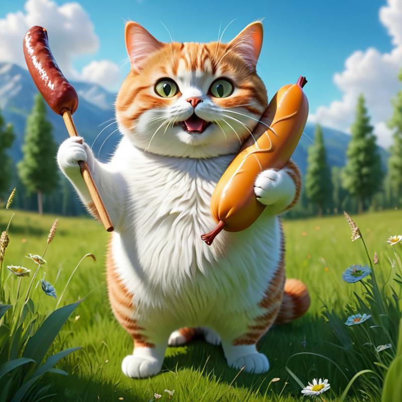 A cute orange and white cat holding a hot dog and a banana.