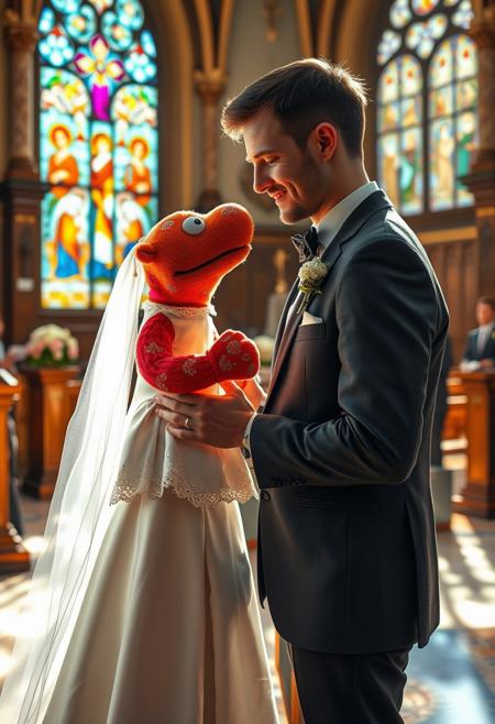 "Hyper-realistic depiction of a man standing at the altar, gazing lovingly at his bride - a intricately detailed sock puppet. The puppet, with its brightly colored fabric and expressive stitched face, seems to radiate a warm and endearing personality. The man's eyes shine with adoration as he holds the puppet's 'hand' and exchanges vows. The ceremony takes place in a beautifully decorated church, with sunlight streaming through the stained glass windows and casting a kaleidoscope of colors on the floor. The atmosphere is filled with warmth and joy, as if the very absurdity of the situation has brought the couple and their guests closer together. The man's attire is formal and elegant, while the sock puppet's 'wedding dress' is a delicate, lace-trimmed confection. Style: extremely detailed, hyper-realistic, and cinematic, with a focus on capturing the textures, lighting, and emotional depth of the scene."