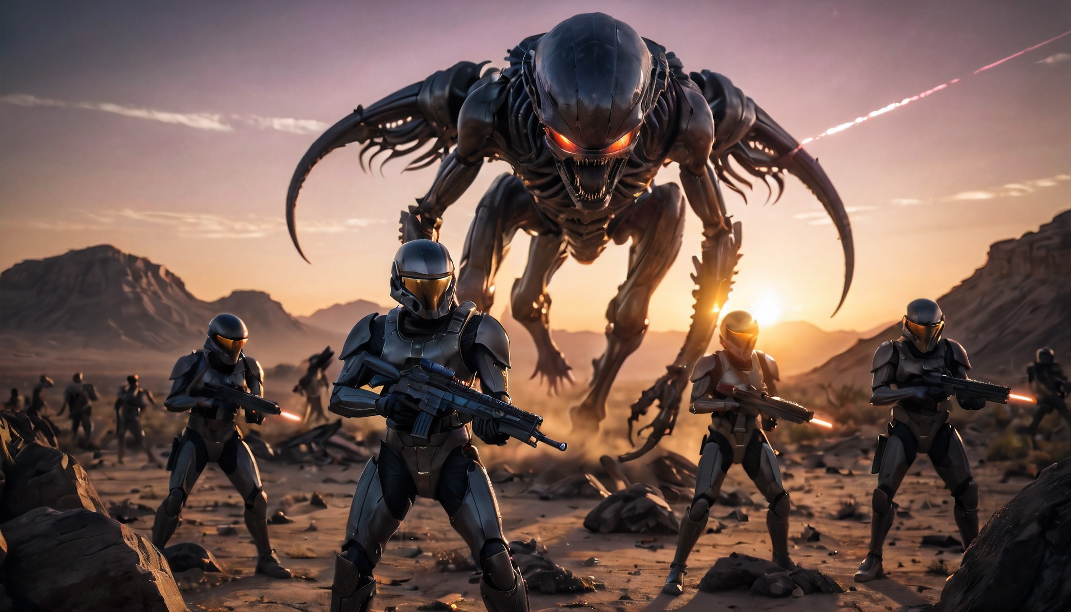 cinematic film still an epic battle, a squad of troopers with laser rifles in the foreground, a gigantic xenomorph on an a...