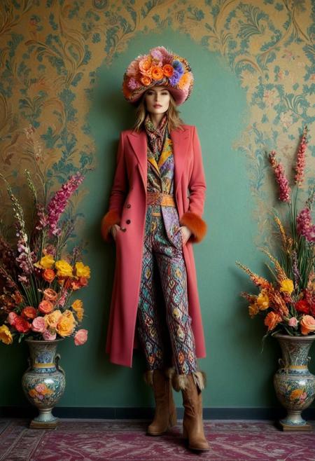 A model in an outfit with a long coat, fur hat, and boots in the style of Etro, posing against the backdrop of a wall painted with a textured pattern, surrounded by vases filled with flowers. The overall style is artistic and colorful, with patterns on the fabric, creating a unique visual effect. In her hands, she holds small bouquets of flowers. This photo was taken using a Canon EOS R5 camera.