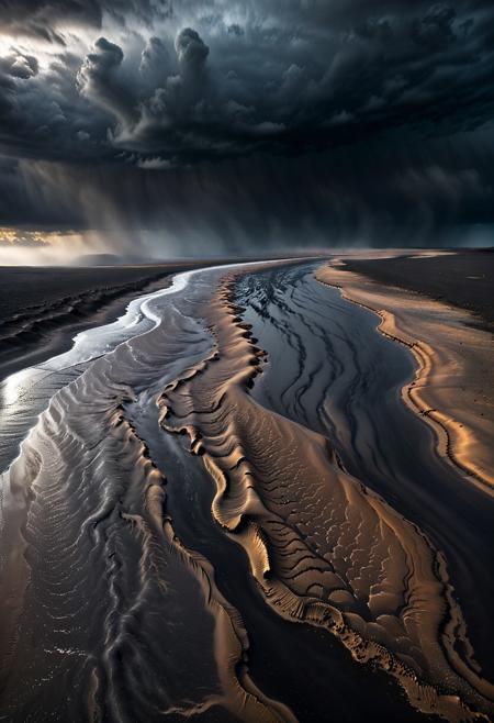 render of a black sand desert with a large brown river running through it, a dark grey stormy sky in the background, a low camera angle, and high contrast, dramatic clouds