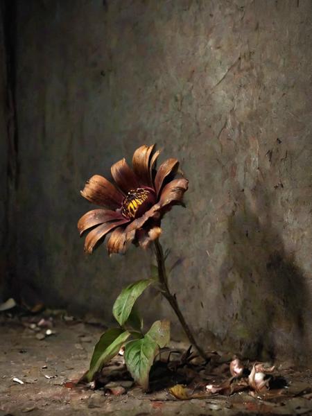 mkitdecy, sad rusty decayed broken flower, deep shadows, high quality, high resolution, cinematic, dark, <lora:- SDXL - mkitdecy_let_it_decay_V1.0:.8>