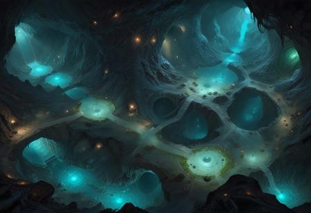 (cavern, RPG combat map, battle map, RPG map from above, highly detailed, highly detailed, dark, oil painting, combat map, high quality, tunnels, phosphorescent mushrooms, caverns, crevices, view from above, aerial view, detailed, from above, (top view: 1.3), long shot, aligned to the edge of the image,