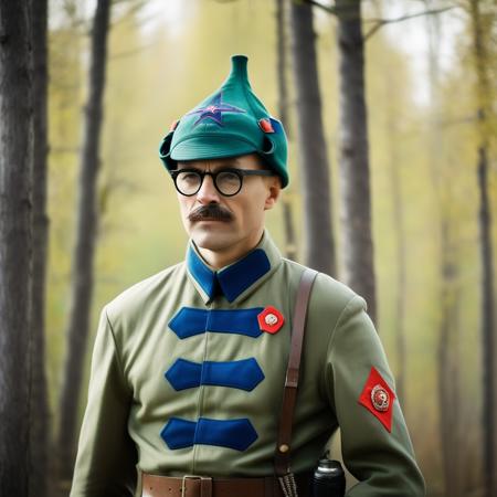 closeup photo of rkka:1.1 soldier in  (green budenovka with black star:1.2) with retro eyeglasses wearing an expensive khaki  suit with blue stripe on the chest, full body foto, looking at the viewer, award winning photography, highres, best quality, absurdres, detailed, hasselblad, aperture f/2.8, high resolution, analog style, cinematic illumination, sharp focus<lora:RKKA-000008:1>