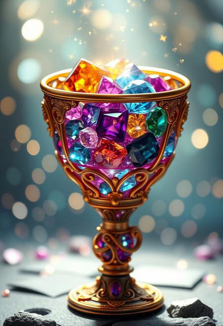 A hyper-stylistic, extremely detailed image depicts an enchanting goblet filled with shiny gems, reminiscent of a Pixar film. The goblet itself is a masterpiece of craftsmanship, with delicate, swirling patterns and a rim that shines like molten gold. The gems inside sparkle and glimmer, each one perfectly placed to create a dazzling display of color and light. Every detail of the scene is meticulously crafted, from the subtle, nuanced colors of the gems to the intricate, textured patterns on the goblet's surface. The overall effect is one of breathtaking, whimsical wonder, as if the viewer has stumbled upon a hidden treasure trove of magic and enchantment. The image is rendered in exquisite detail, with a level of quality that rivals the most beautiful and intricate works of art. highest-Quality, intricate details, visually stunning, Masterpiece