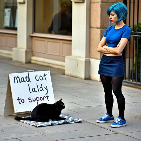 A black cat sits on a pavement, next to him a sign says "mad cat lady to support" in front of him a small blanket with a few coins on it, to one side stands a woman, with short blue hair, looking at the cat, she is wearing a blue crop top, a short blue mini skirt, black stockings , blue sneakers. She is standing with her arms crossed looking annoyed