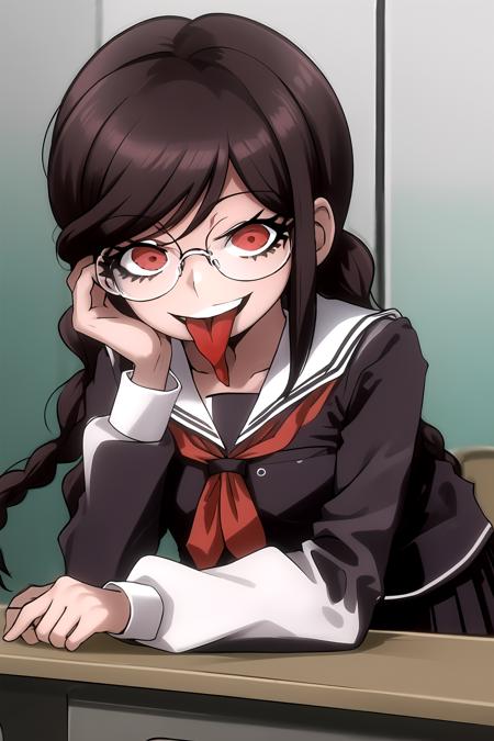 masterpiece, best quality, highres,<lora:GenocideJackDG:1>  , 1girl, solo, skirt, school uniform, neckerchief, pleated skirt, long sleeves, sailor collar, looking at viewer, black skirt, red neckerchief, black shirt, glasses, tongue out, close-up, bent over, arm support, desk,  <lora:jcm2Style_v1:0.9>