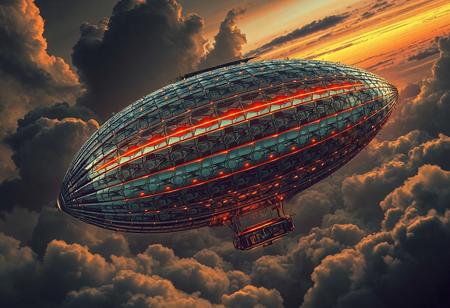 masterpiece, ultra-detailed, dutch angle view of a trippy zeppelin drifting through tangled circuits and misty clouds, metalic-scale patterns glowing under electric stormlight, silver colors, dark-orange sky background