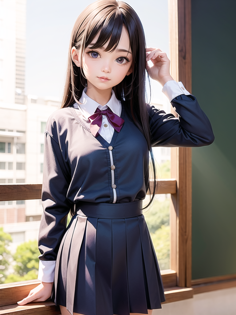 1girl, solo,(best quality),(masterpiece:1.1),(school uniform:1.4), long hair, dress, looking_at_viewer, neck_ribbon, cute,...