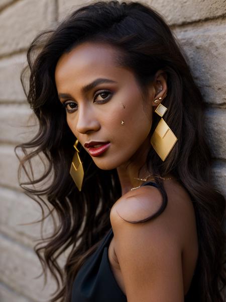 Realistic photo of a beautiful 1m4n woman,1girl,solo,long hair,looking at viewer,brown hair,black hair,brown eyes,jewelry,earrings,dark skin,nail polish,dark-skinned female,lips,fingernails,makeup,crossed arms,lipstick,watch,realistic,wristwatch,against wall,realistic, soft lighting, professional Photography, Photorealistic, detailed, RAW, analog, sharp focus, 8k, HD, high quality, masterpiece<lora:1m4n:1.0>