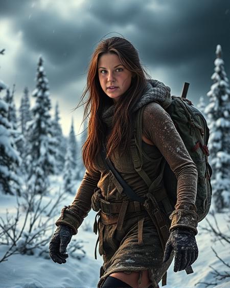 a photorealistic image of a brunette woman with long hair, wearing winter  outdoor survival outfit, trekking through a post-apocalyptic snowy tundra forest, as an artic hunter. She has a rugged, strong, and healthy appearance, sweaty and dirty, reflecting the harsh environment. Her body is proportionate, with medium-sized natural breasts, and she exudes resilience and determination. The scene should feature cinematic lighting, with dramatic weather — perhaps an approaching sandstorm or dark, stormy clouds — to enhance the intensity of the atmosphere