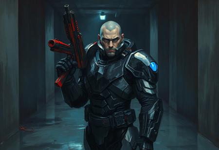An atmospheric oil painting in a neo-noir cyberpunk style, depicting an epic grimdark chad in a futuristic suit of armor, rendered with impasto texture. The armor is mainly black and silver, catching subtle, moody blue reflections, while blue accents are highlighted. He stands in a dimly lit, damp concrete room, holding a substantial red and black gun pointed upwards. The paint strokes are visible, adding depth and texture. His gaze is directed intently at the camera, rendered with expressive brushwork. Reflections of distant neon lights might shimmer on the wet concrete floor or the armor. The lighting is dark and evocative, emphasizing mood over clarity. The overall scene feels like a dark, painted vision from a dystopian future. 4K, Exceptional Quality, More Detail, Lifelike Details, Super Detailed Face and Eyes and Clothes, Handcrafted with Precision, High Quality, Sharp Lines and Brush Strokes, Stunning Colors, Harmonious Colors, Multi Colored, Contemporary Aesthetics, Beautiful Matte Painting, Impeccable Composition, Creative Angle, Attractive Background, Balanced Editing, Intentional Focus, Well-timed Moment, Isometric, Dynamic Action Pose, Captivating Lighting, Grammer Effect Style, Splash Ink Illustration, Octane Render, Unreal Engine 5, Raphael Style, Houdini Style, Vivid Emotions, Joyful Impact, Powerful Message, Beautiful Detailed Eyes, CGSociety, Artstation Trending on ArtstationHQ, Golden Ratio by Mark Brooks and Brad Kunkle detailed, UHD 8K.
